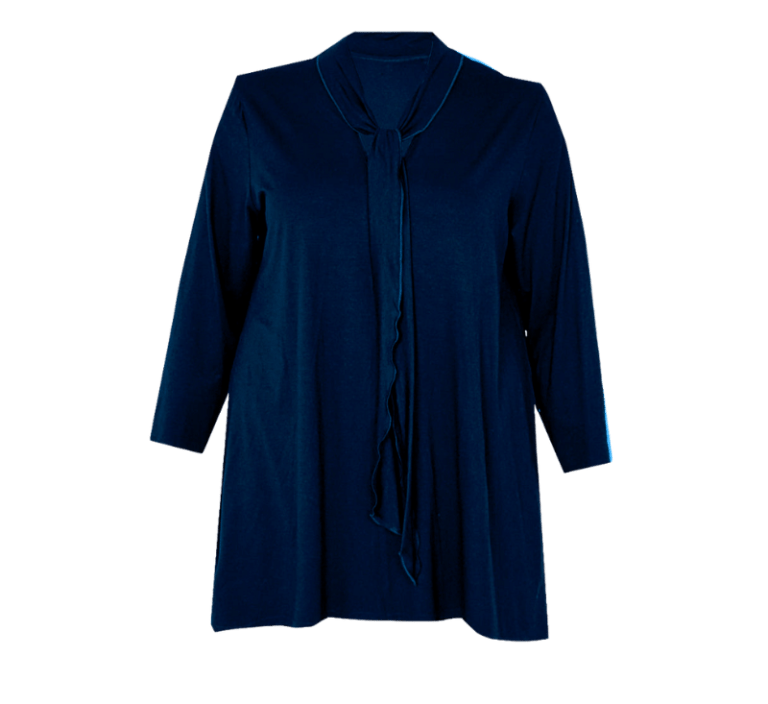 Bammode tuniek grote maat in donkerblauw met v-hals en strikje - maten 44 t/m 62