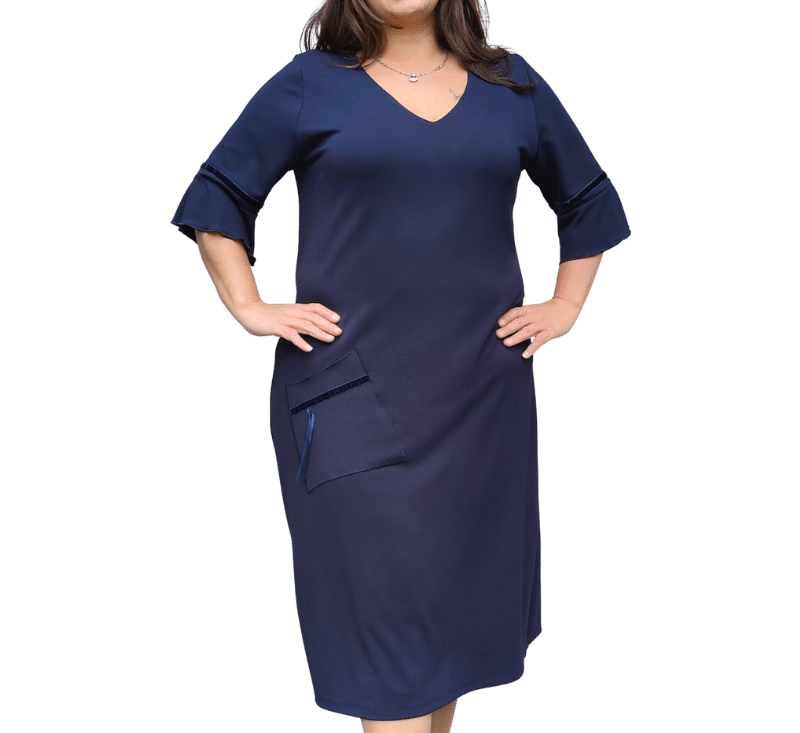Bammode chique jurk grote maten met zak in donkerblauw - maten 44 t/m 62