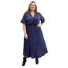 Bammode lange plisse jurk grote maten in donkerblauw met v-hals - maten 44 t/m 62